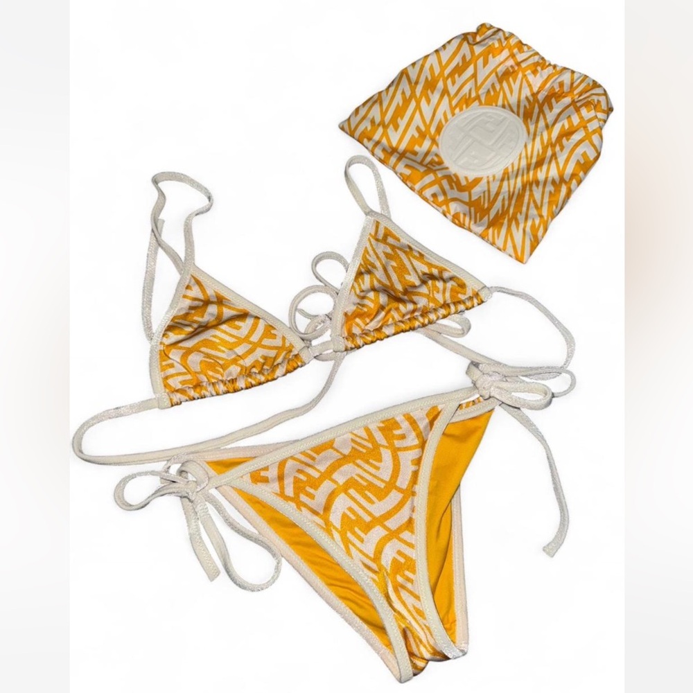 Fendi Yellow White Logo Triangle String Bikini Set